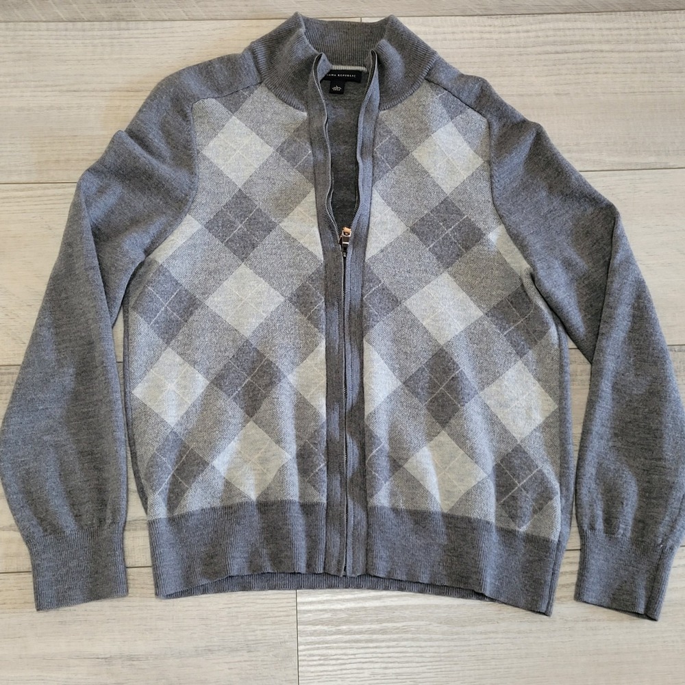 Banana Republic Sweater Mens L Gray 100% Wool Argyle Full Zip Cardigan Preppy